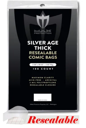 100ct Pack Silver / Regular Resealable Thick Comic Bags - 7-1/4x10-1/2