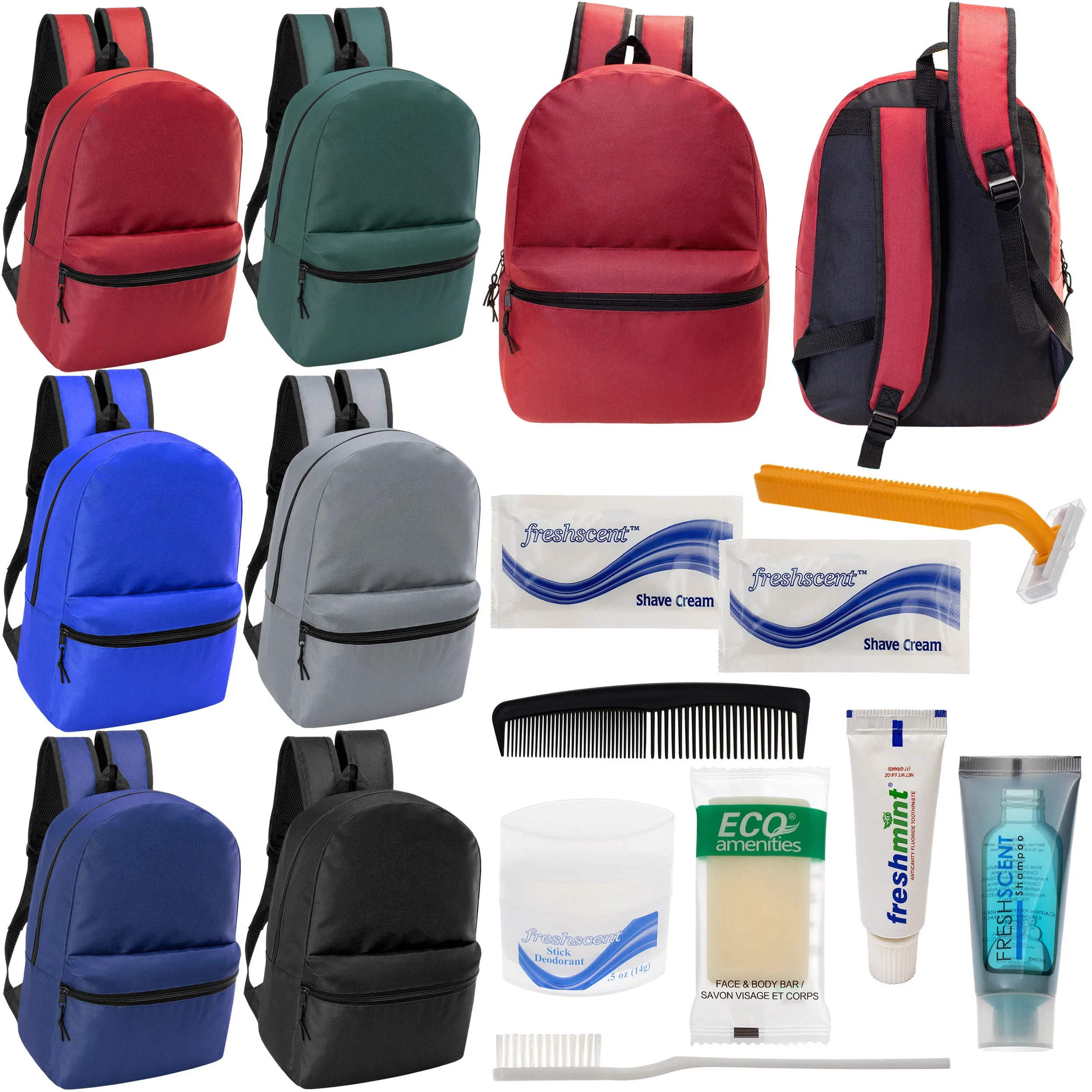 12 17" Classic Backpacks in 6 Assorted Colors & Your Choice of 12 Bulk Hygiene Kits - Wholesale Care Package: Homeless, Emergency, Charity