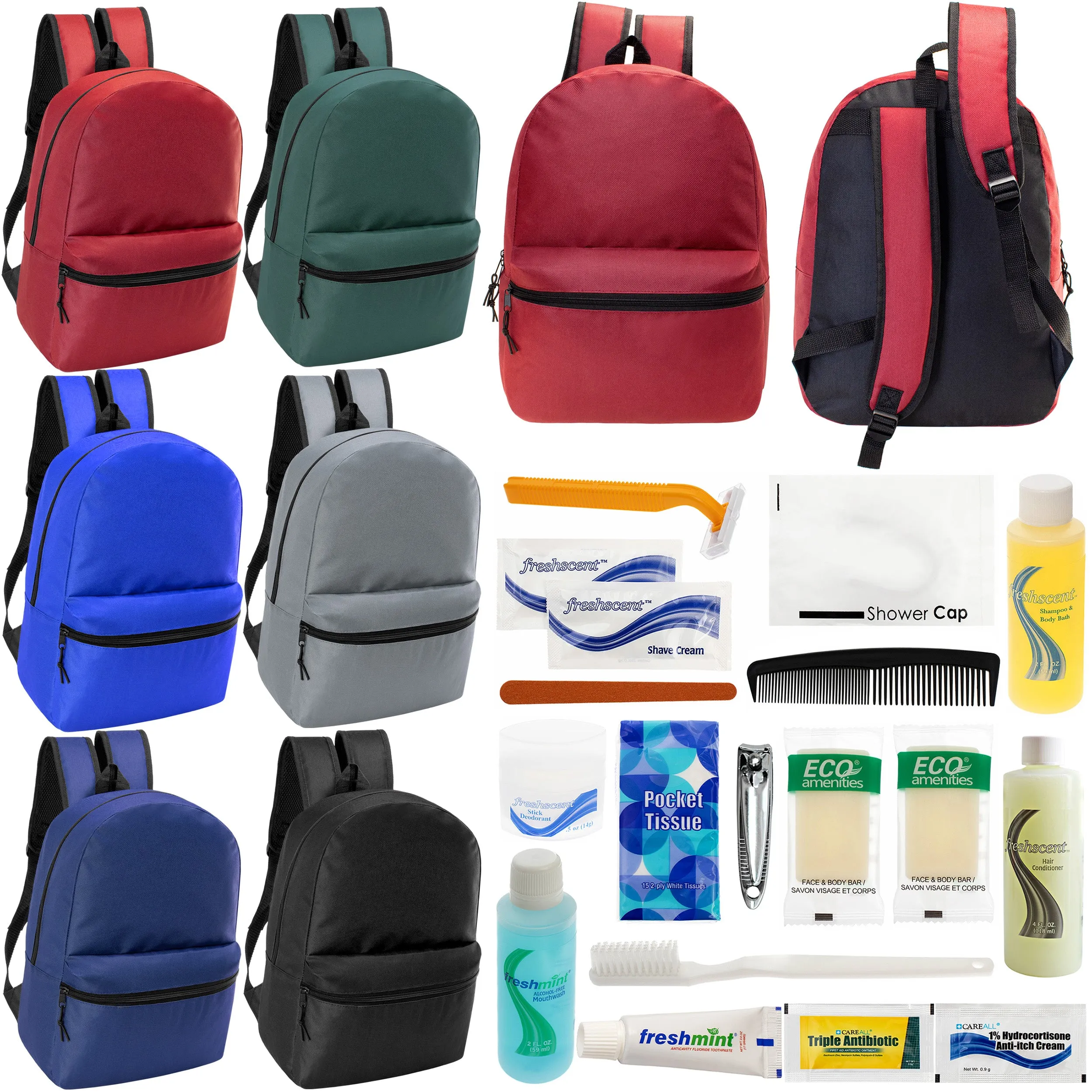 12 17" Classic Backpacks in 6 Assorted Colors & Your Choice of 12 Bulk Hygiene Kits - Wholesale Care Package: Homeless, Emergency, Charity