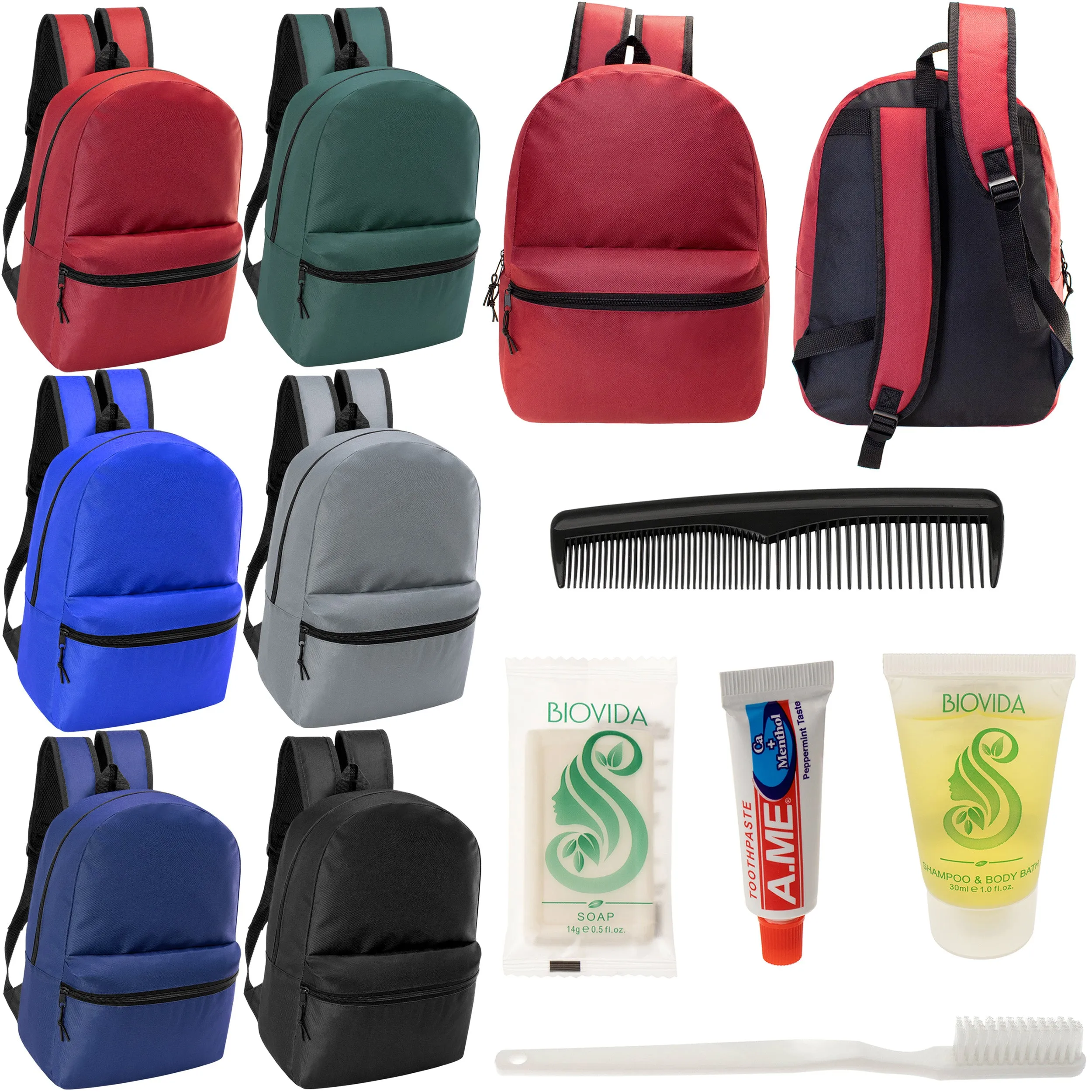 12 17" Classic Backpacks in 6 Assorted Colors & Your Choice of 12 Bulk Hygiene Kits - Wholesale Care Package: Homeless, Emergency, Charity