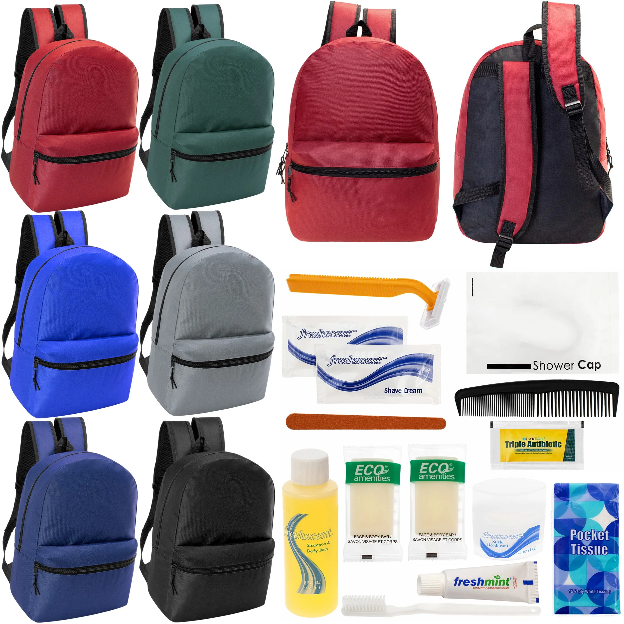 12 17" Classic Backpacks in 6 Assorted Colors & Your Choice of 12 Bulk Hygiene Kits - Wholesale Care Package: Homeless, Emergency, Charity