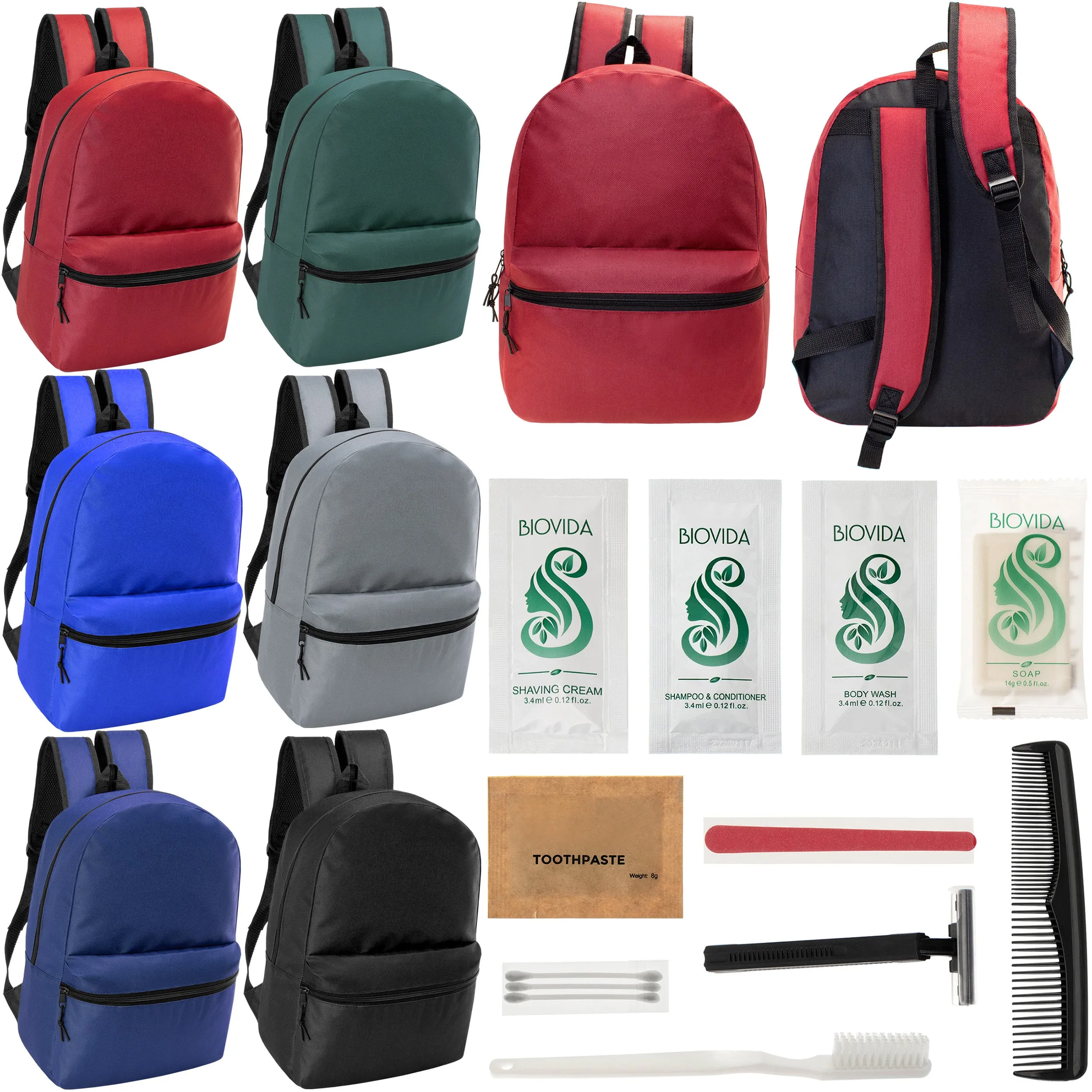 12 17" Classic Backpacks in 6 Assorted Colors & Your Choice of 12 Bulk Hygiene Kits - Wholesale Care Package: Homeless, Emergency, Charity