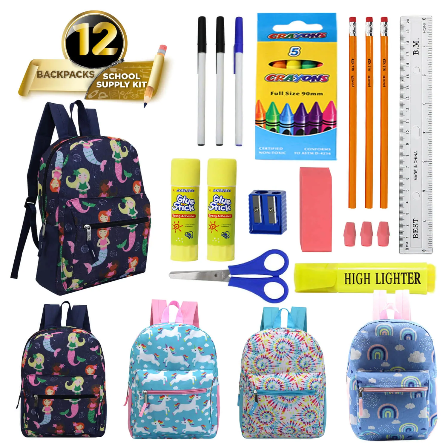 12 Wholesale Kids 15" Backpacks and 12 Bulk School Supply Kits of Your Choice