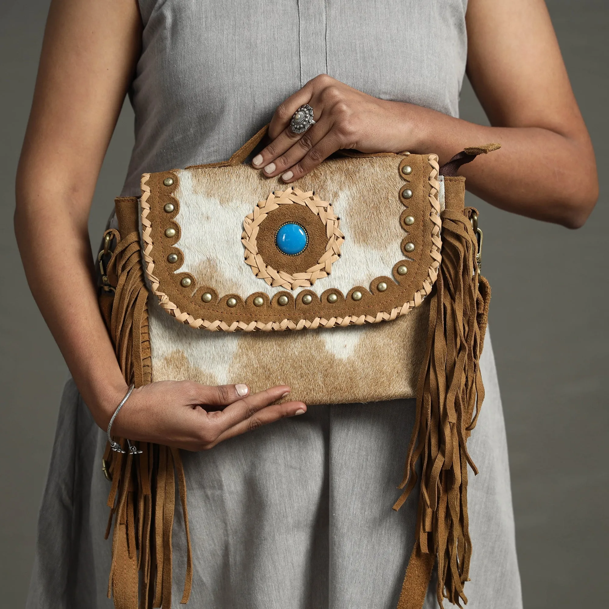 Brown - Handcrafted Fur Leather Fringe Sling Bag with Blue Stone