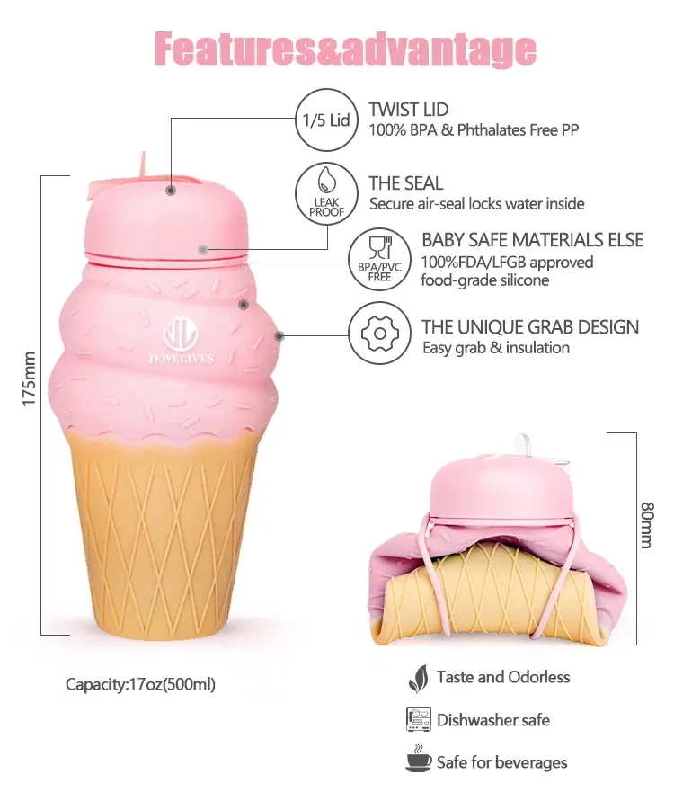 Charming Ice Cream Design: 500ml Soft Silicone Foldable Water Bottle for Kids