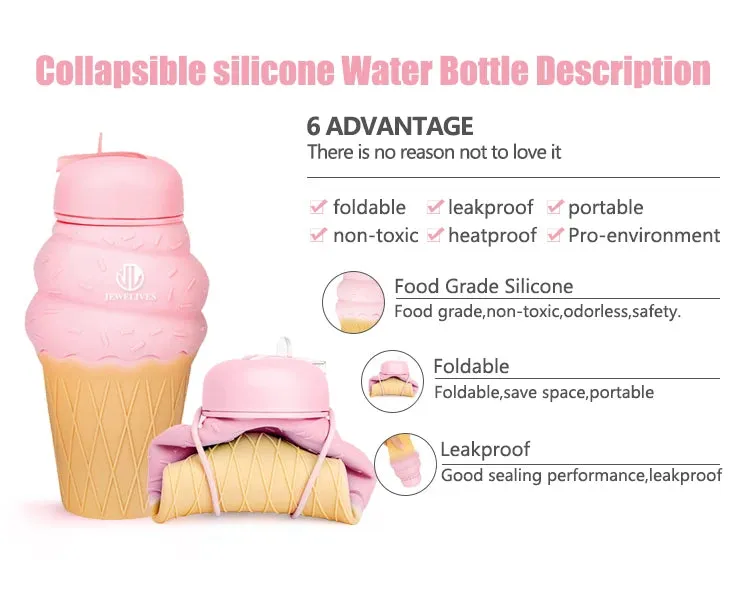 Charming Ice Cream Design: 500ml Soft Silicone Foldable Water Bottle for Kids