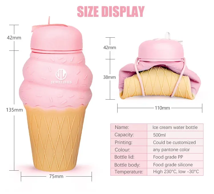 Charming Ice Cream Design: 500ml Soft Silicone Foldable Water Bottle for Kids