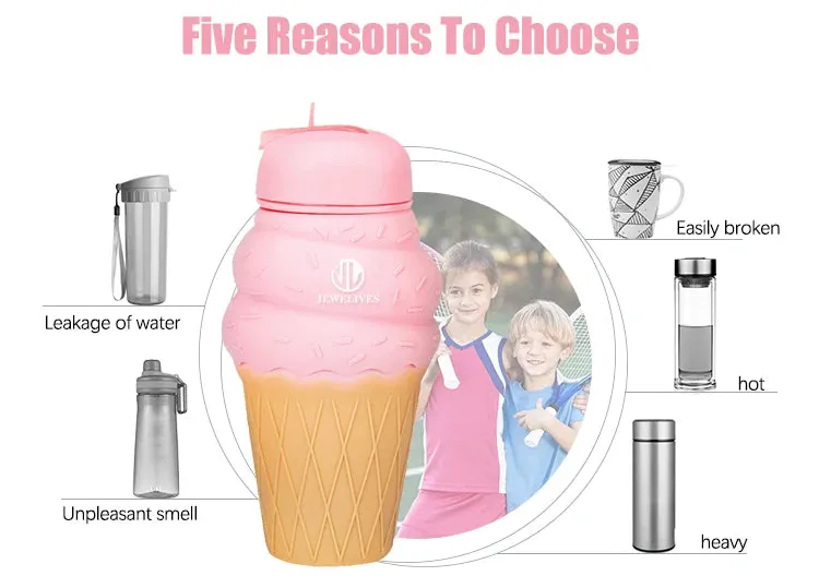 Charming Ice Cream Design: 500ml Soft Silicone Foldable Water Bottle for Kids