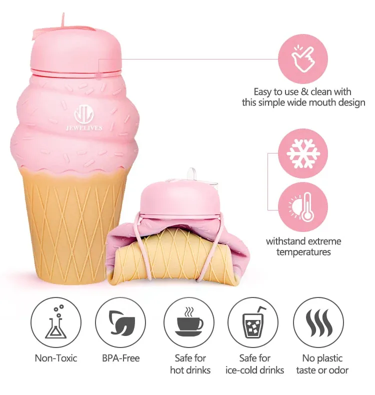 Charming Ice Cream Design: 500ml Soft Silicone Foldable Water Bottle for Kids