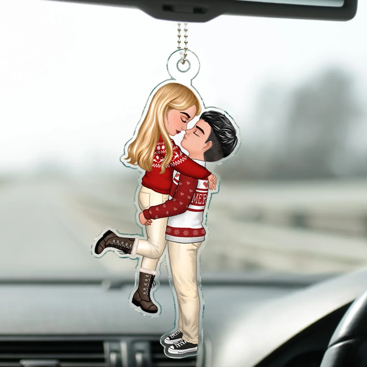 Chibi Couple Kissing - Anniversary Gift For Couples - Personalized Acrylic Car Hanger