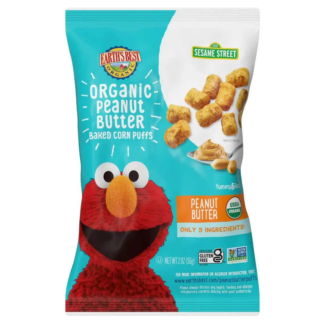 Earth's Best Sesame Street Toddler Snack Organic Peanut Butter Baked Corn Puffs, 2 oz