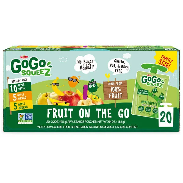 GoGo squeeZ Applesauce Variety pack, Apple Apple, Apple Banana, Apple Mango, 20 Count