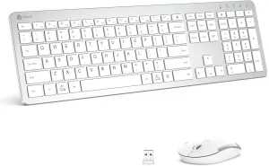 Iclever GK08 Wireless Keyboard and Mouse - Rechargeable Keyboard Ergonomic Quiet Full Size Design with Number Pad, 2.4G Stable Connection Slim White Keyboard and Mouse for Windows Mac OS Computer