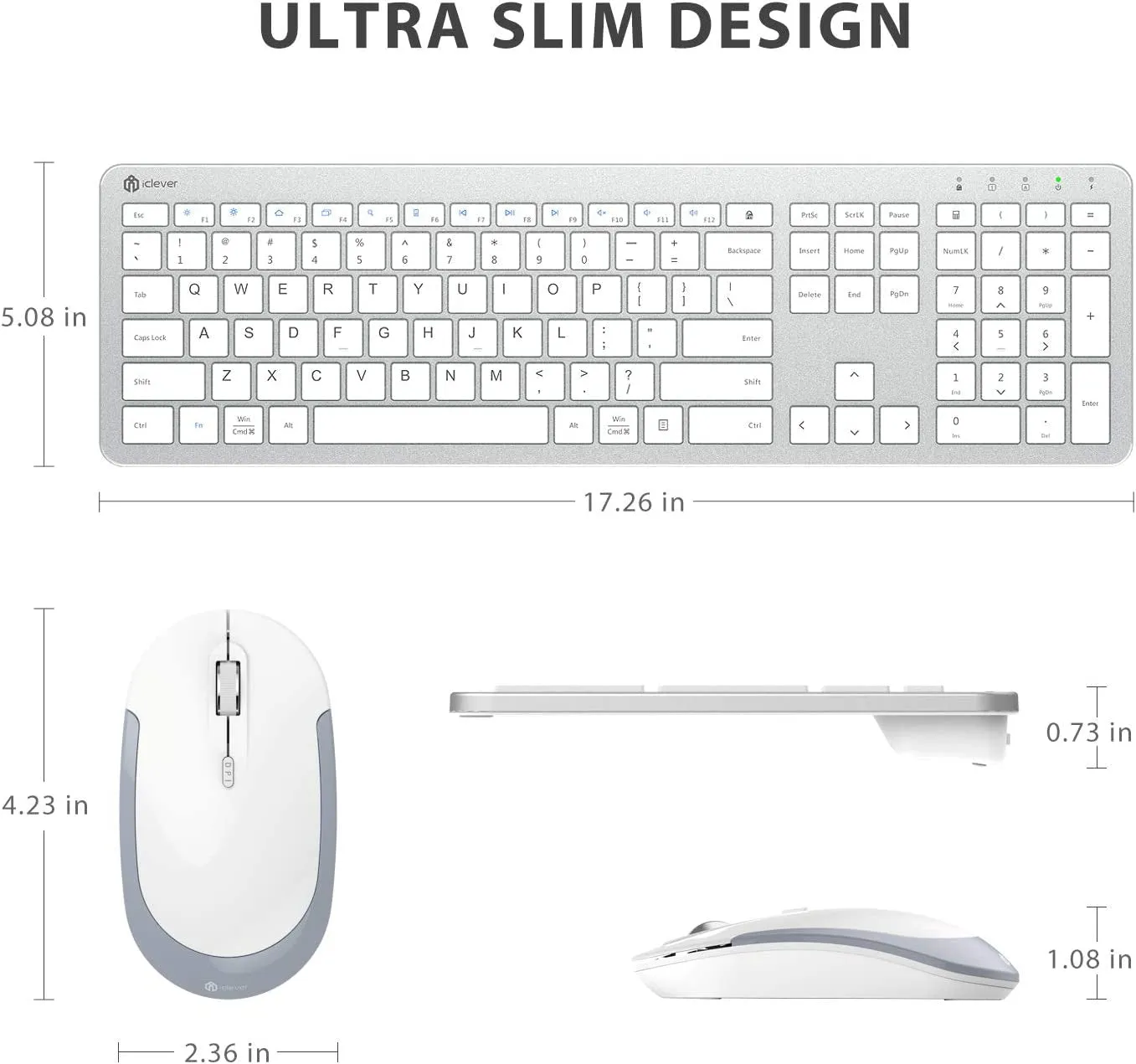 Iclever GK08 Wireless Keyboard and Mouse - Rechargeable Keyboard Ergonomic Quiet Full Size Design with Number Pad, 2.4G Stable Connection Slim White Keyboard and Mouse for Windows Mac OS Computer