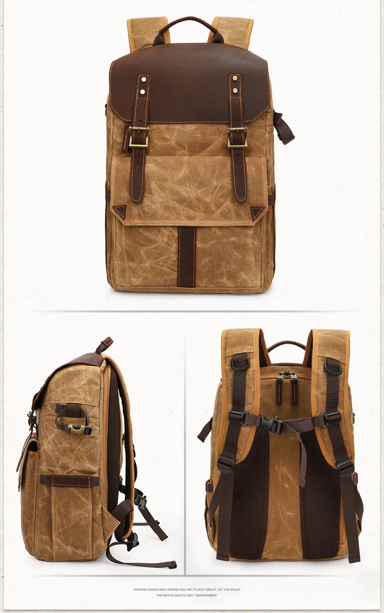 Large Storage SLR Camera Leather Canvas Backpack K001