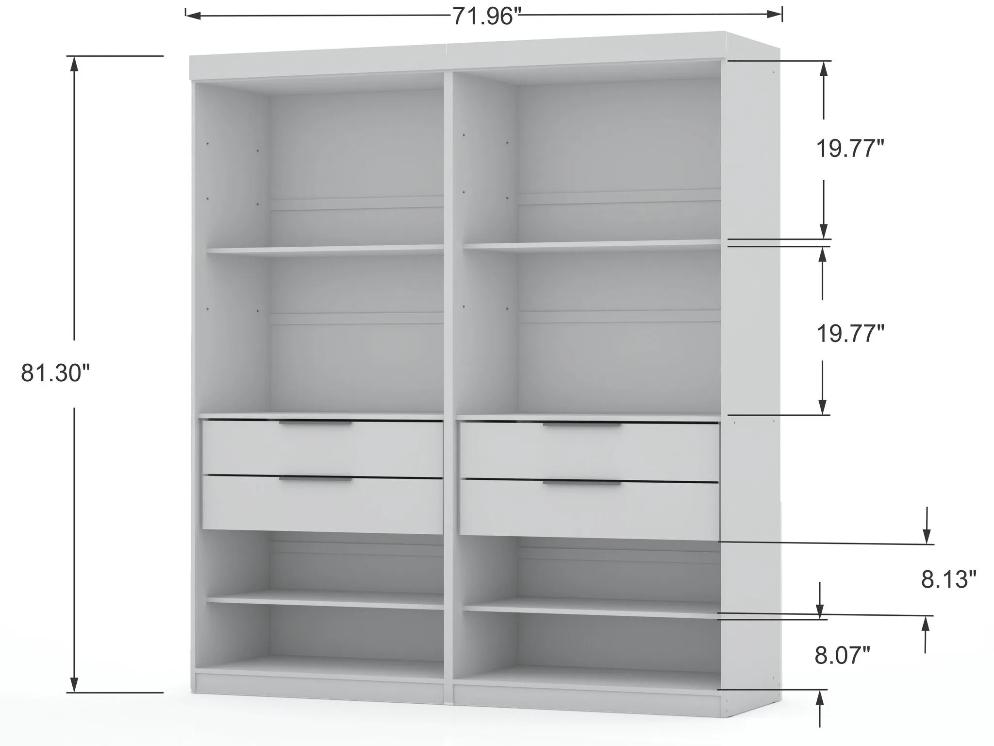 Mulberry Open 2 Sectional Modern Wardrobe Closet with 4 Drawers - Set of 2 in White