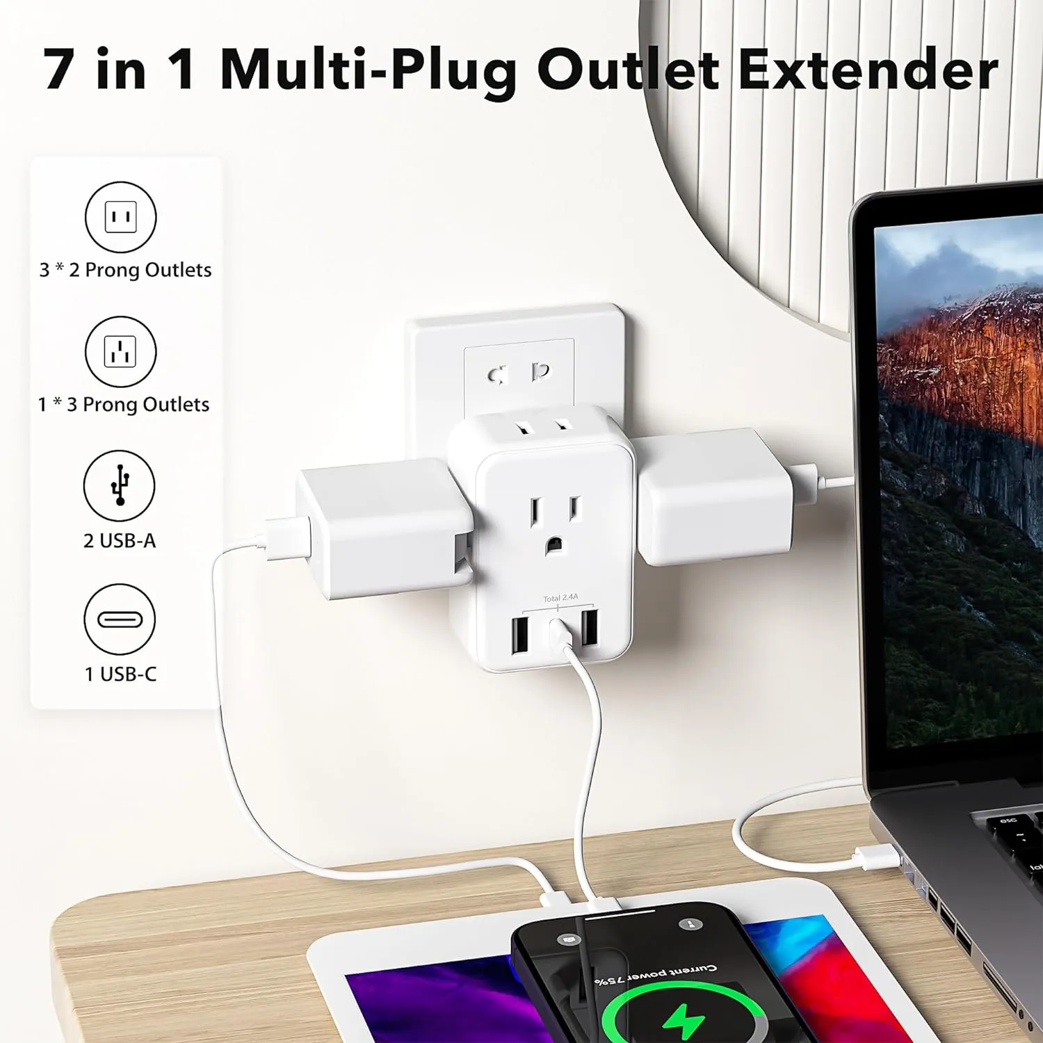 Multi Plug Outlet Extender Wall Charger with 4-Outlet Splitter &3 USB Ports(1 USB C Ports) Bn-link