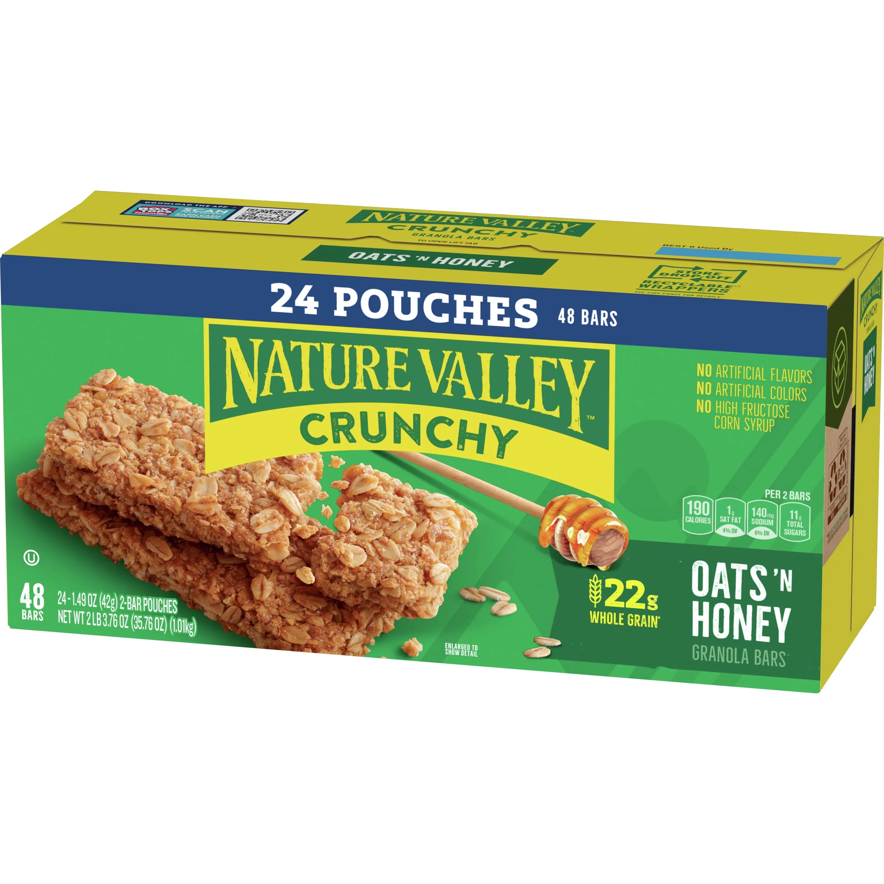 Nature Valley Crunchy Granola Bars, Oats 'n Honey, 48 Bars, 35.76 OZ (24 Pouches)