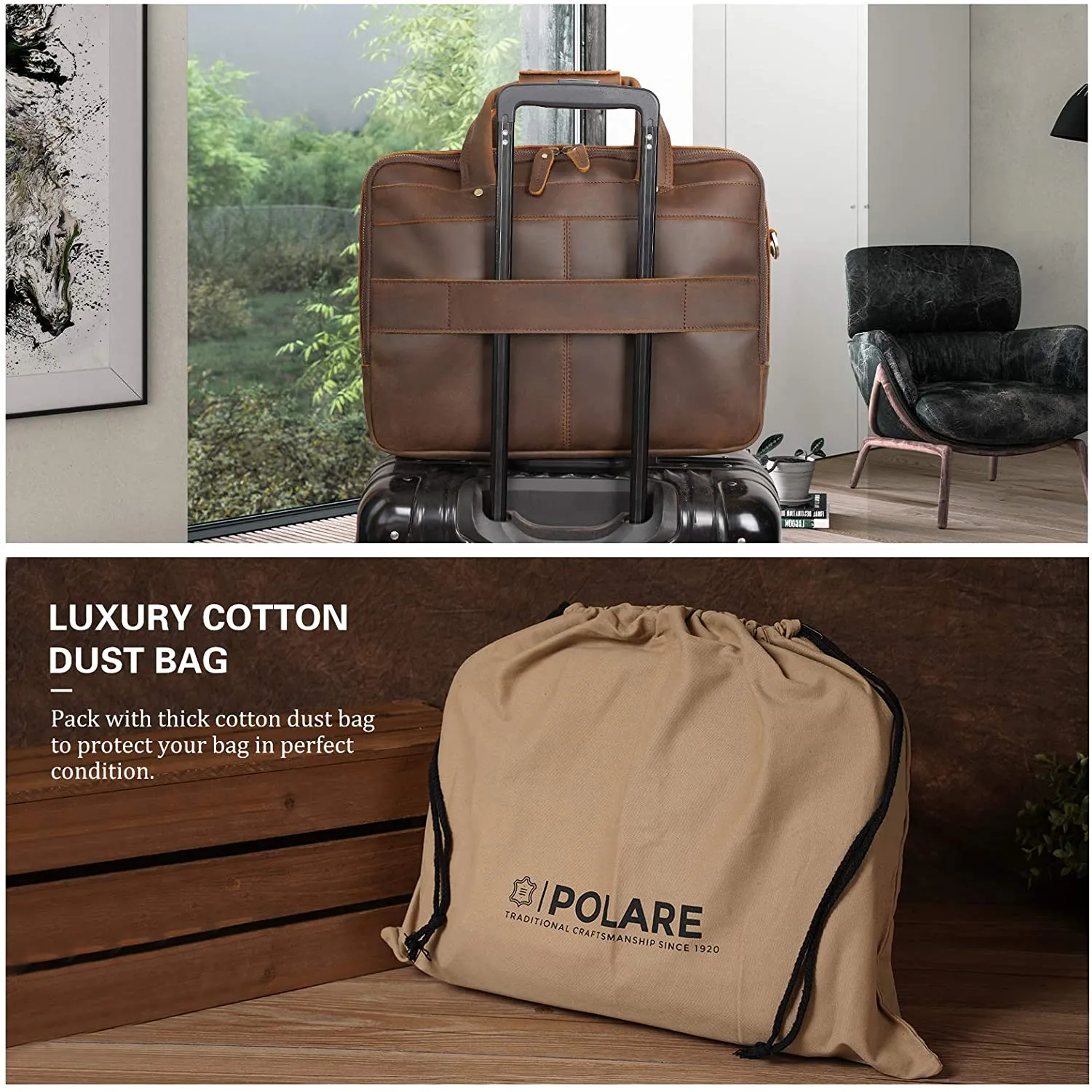 Polare 15.7" Full Grain Italian Leather Laptop Business Briefcase Work Bag College Bag for Men