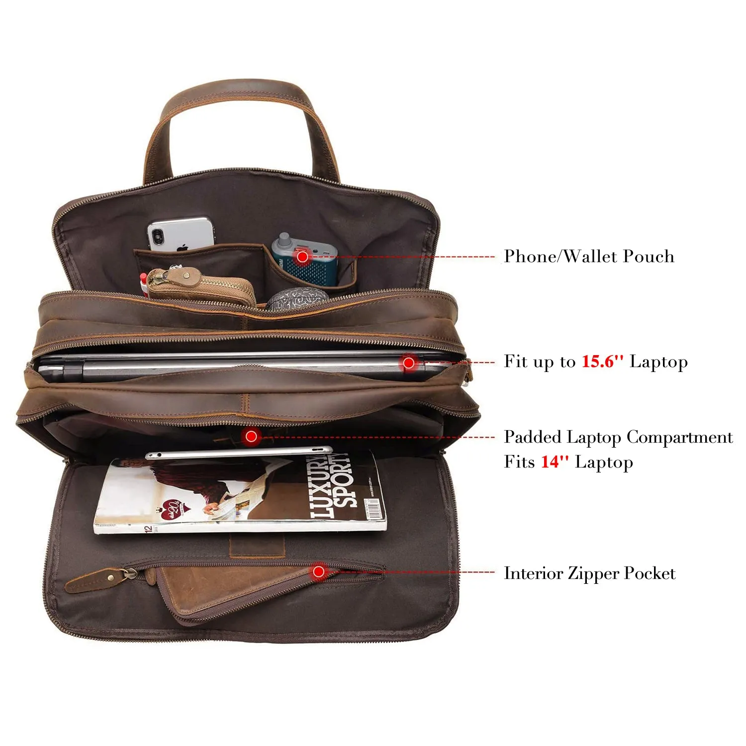 Polare 15.7" Full Grain Italian Leather Laptop Business Briefcase Work Bag College Bag for Men