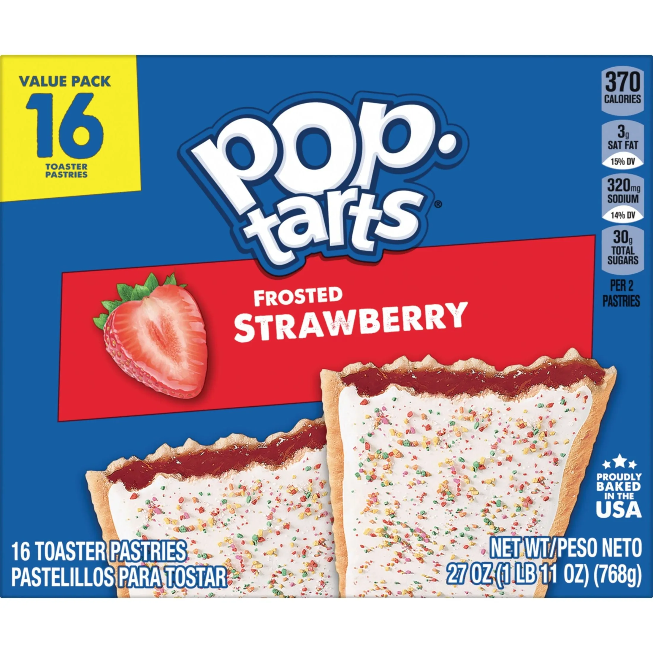 Pop-Tarts Frosted Strawberry Instant Breakfast Toaster Pastries, Shelf-Stable, Ready-to-Eat, 27 oz, 16 Count Box