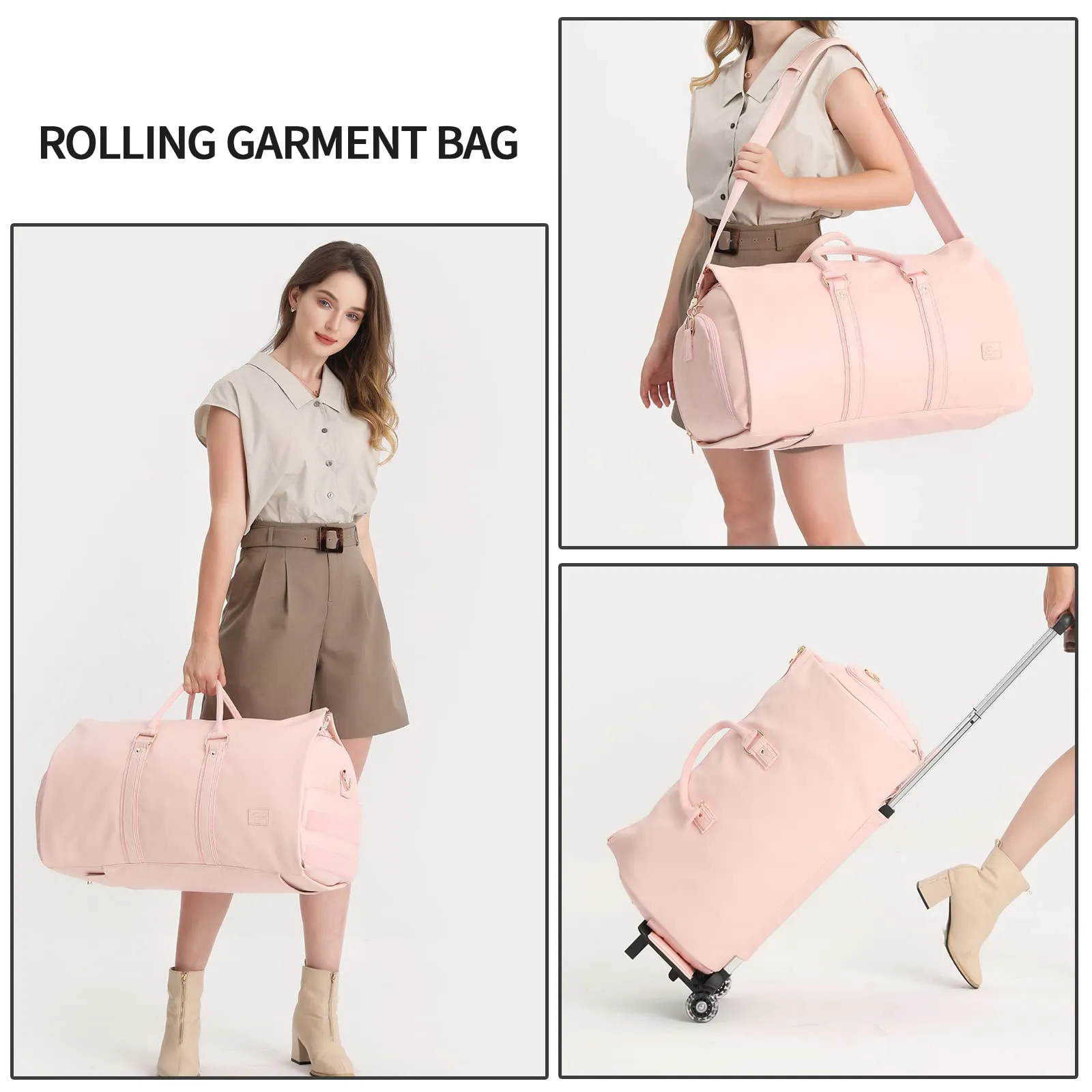 Rolling Garment Bag,Rolling Duffle Bag with Wheels Rolling Garment Bags for Travel with Shoe Pouch Carry On Bag Weekender Bags Garment Duffel Bag for Women-Pink