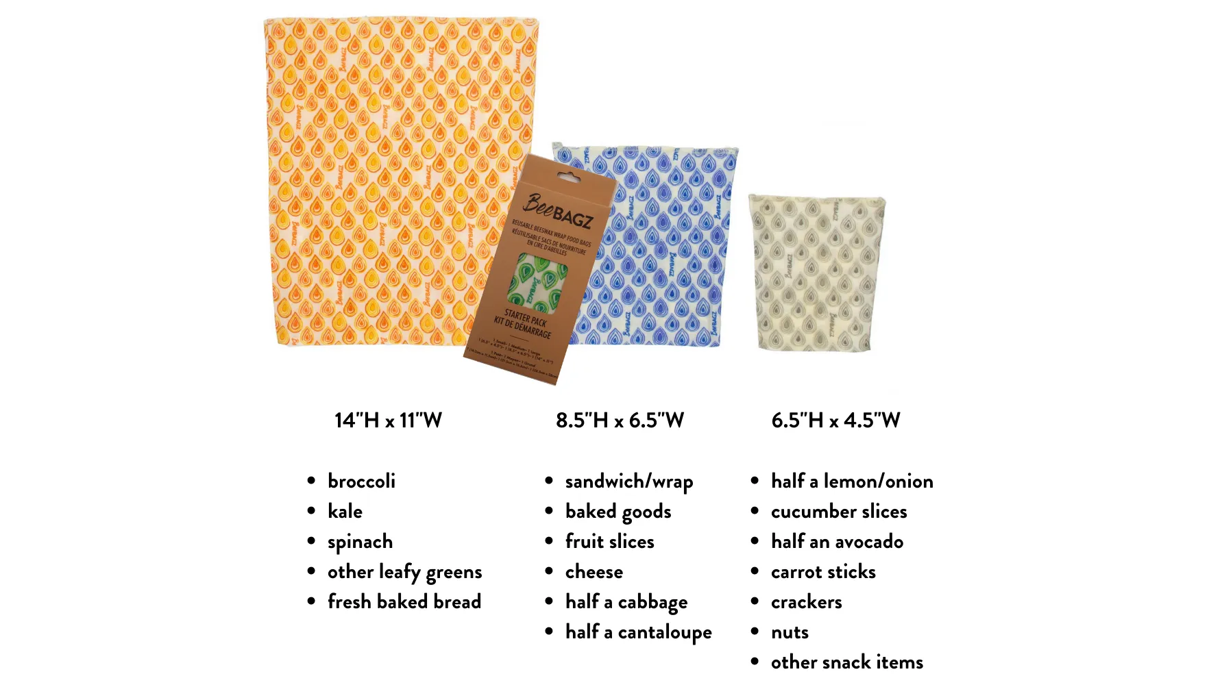 Starter Pack of 3 - Reusable Beeswax Wrap Food Storage Bags