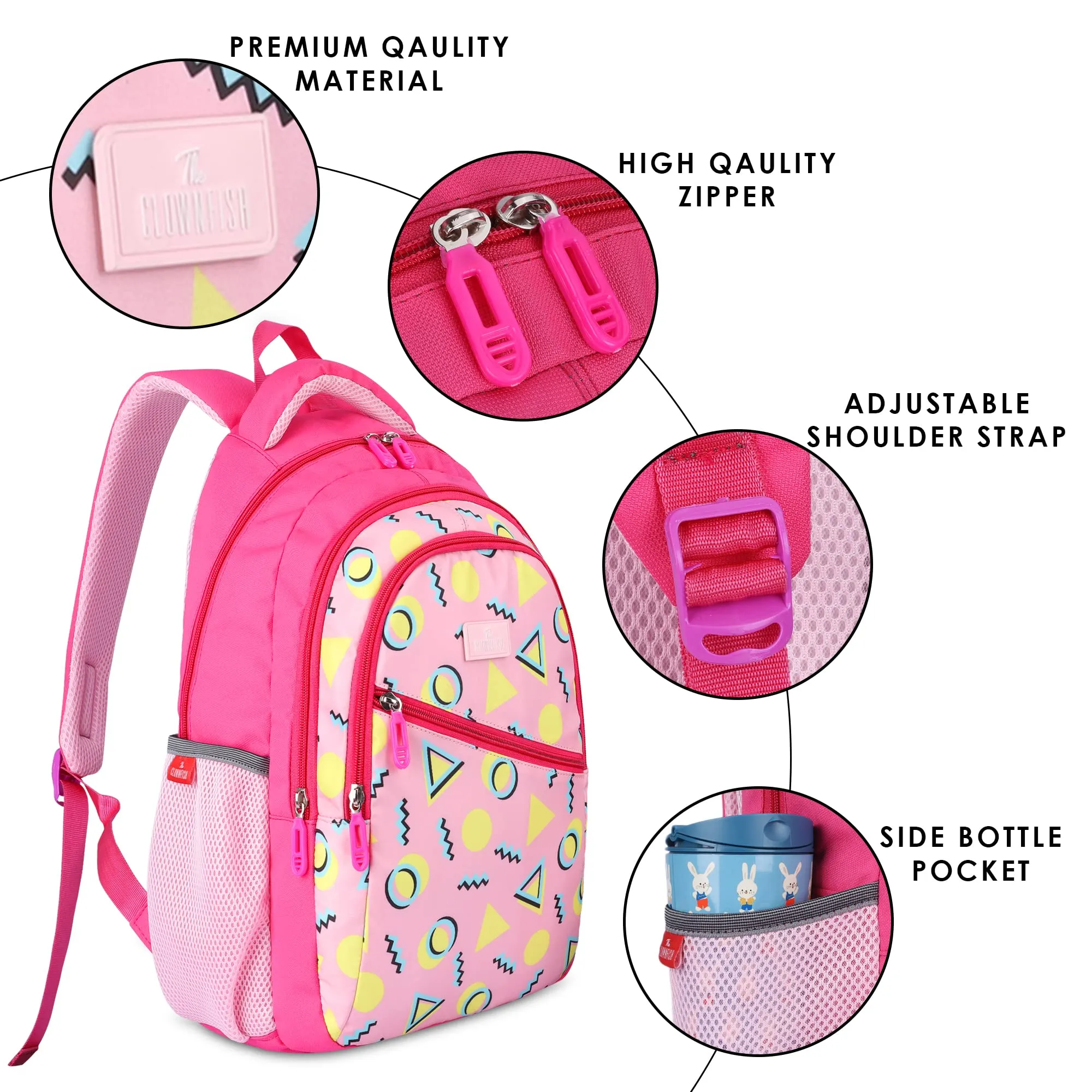 THE CLOWNFISH Brainbox Series Printed Polyester 30 L Standard Backpack With Pencil/Staionery Pouch School Bag Front Cross Zip Pocket Daypack Picnic Bag For Boys & Girls, Age 8-10 Years (Rose Pink)