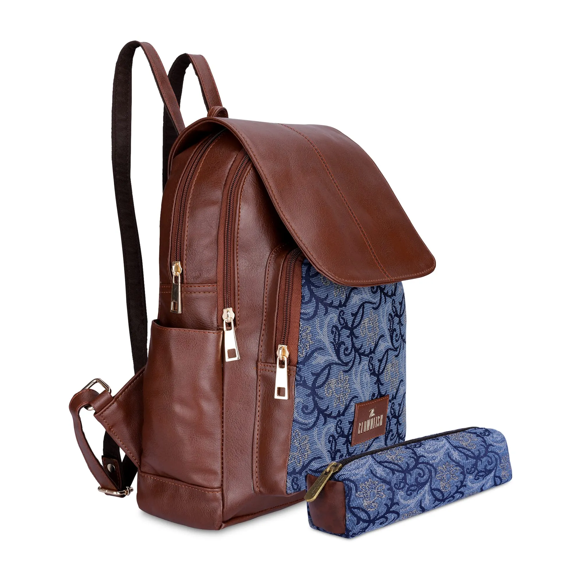 THE CLOWNFISH Combo Of Minerva Faux Leather & Tapestry Women's Backpack College School Girls Bag Casual Travel Backpack For Ladies & Expert Series Pencil Pouch Pen Case (Blue-Floral)