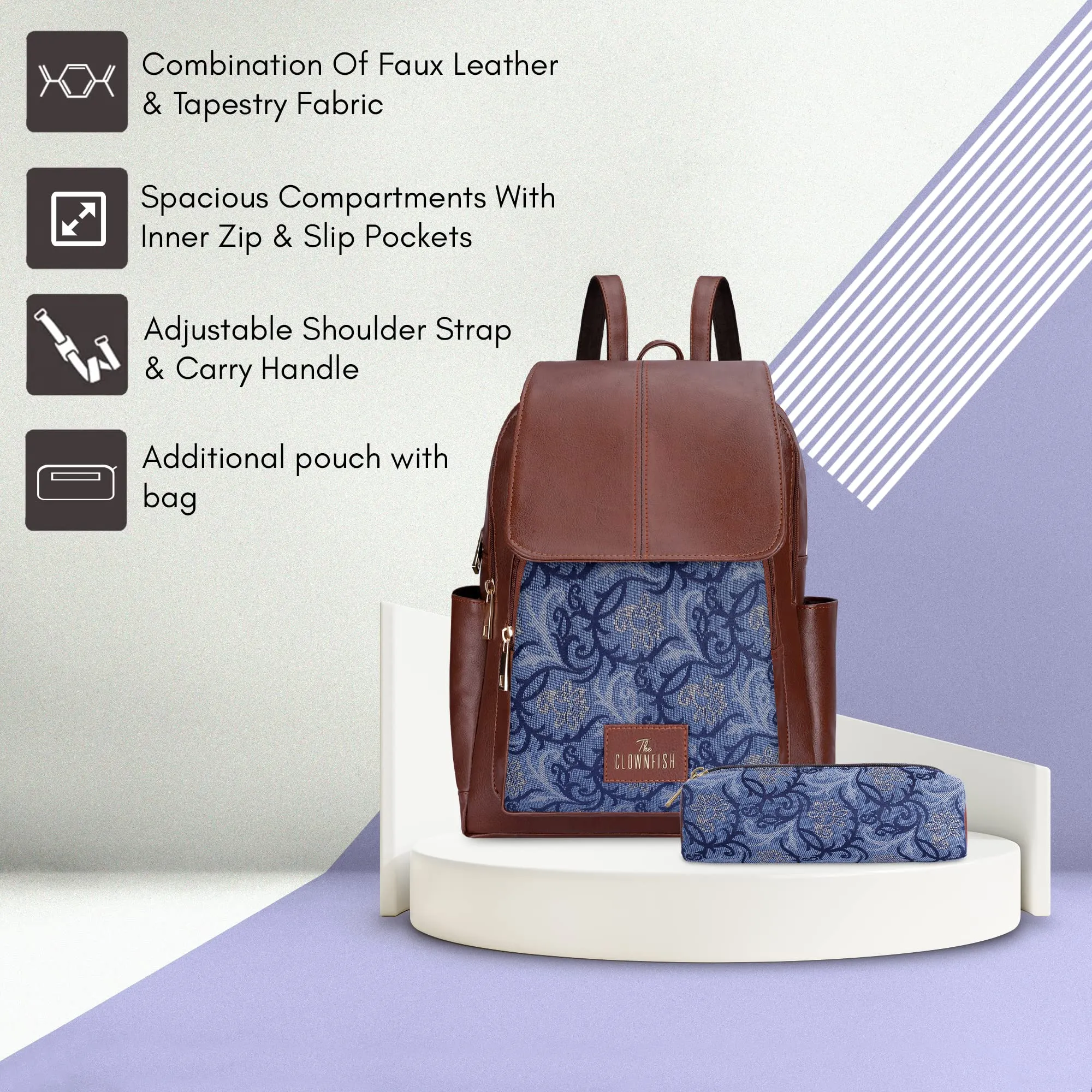 THE CLOWNFISH Combo Of Minerva Faux Leather & Tapestry Women's Backpack College School Girls Bag Casual Travel Backpack For Ladies & Expert Series Pencil Pouch Pen Case (Blue-Floral)