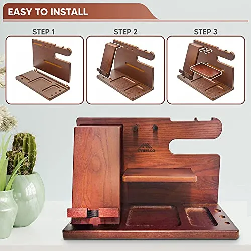 Wood Phone Docking Station Gifts for Men Him Husband Dad Boyfriend Desk Organizer