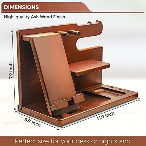 Wood Phone Docking Station Gifts for Men Him Husband Dad Boyfriend Desk Organizer